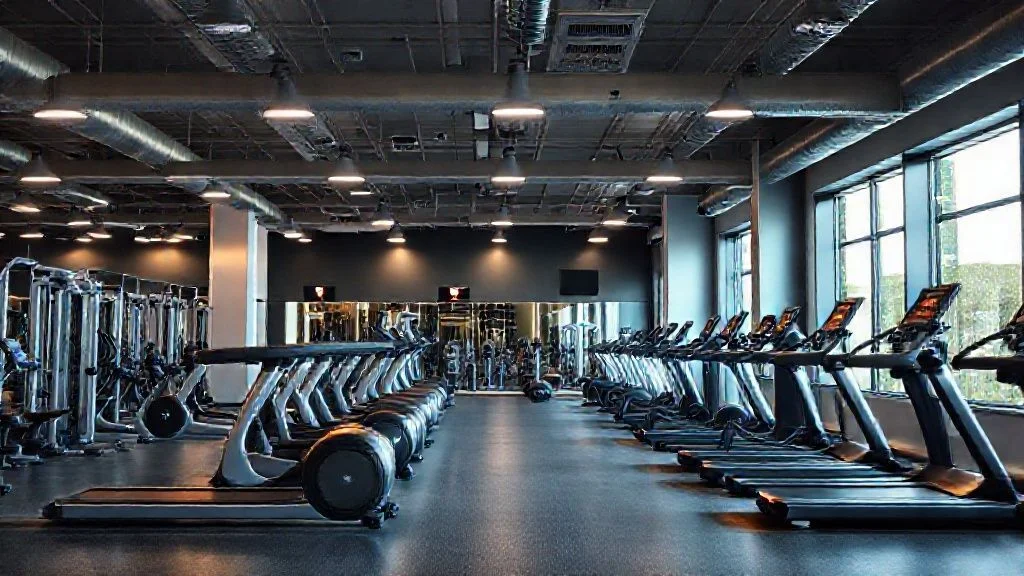 A pristine, dynamically composed rendering of a cutting-edge, high-tech fitness machine (e.g., a multi-station strength trainer or an advanced elliptical). The machine is captured mid-action (e.g., a rotating flywheel, a piston extending) with abstract, glowing energy trails emanating from key moving parts. Focus on chrome, brushed steel, and carbon fiber textures. The background is a minimalist, slightly blurred geometric landscape with subtle light reflections.